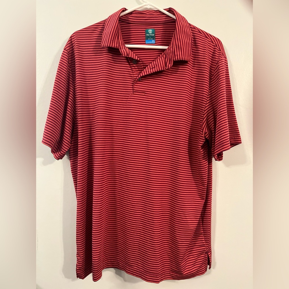 Pro Tour Cool Play Mens Polo Golf Shirt Sz L Red Stripes Excellent Condition